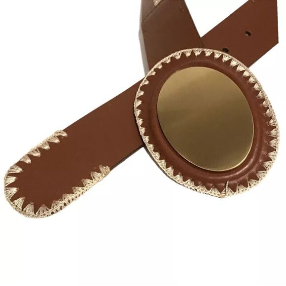 Western Belt Brown Beige Leather Adjustable Hook Eye Embroidered 36-40 - Picture 2 of 5